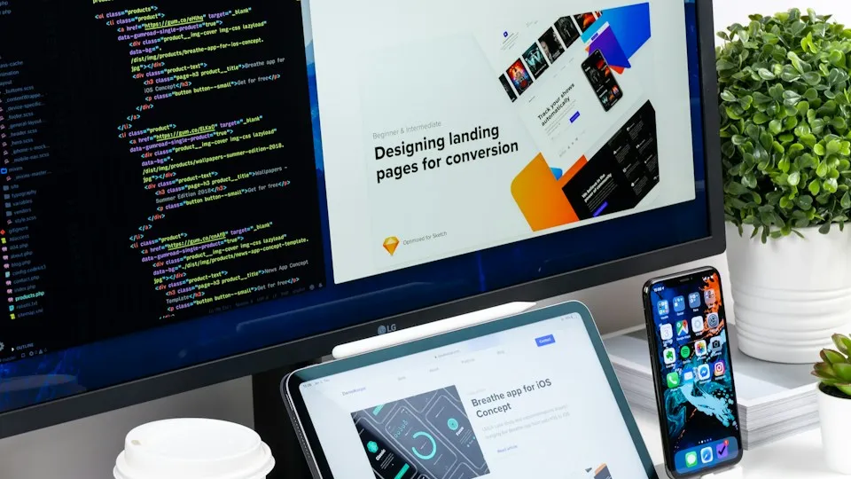 Website and mobile app designs on a desktop, tablet and smartphone