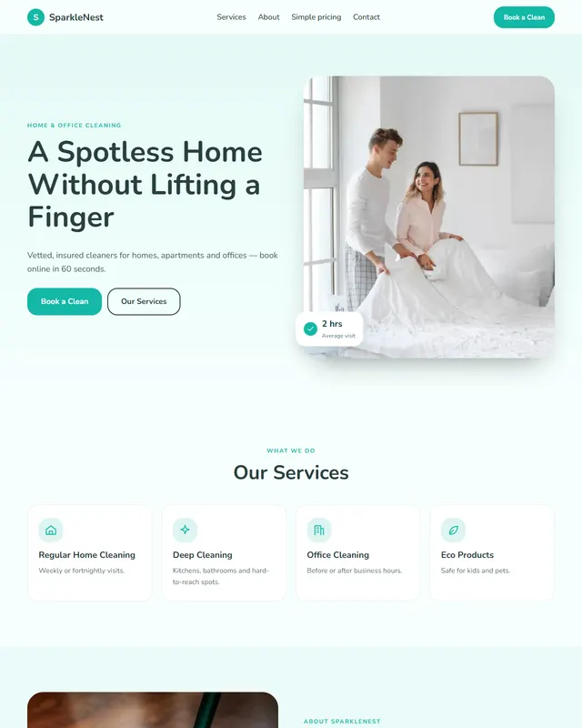 SparkleNest – Home & Office Cleaning sample website
